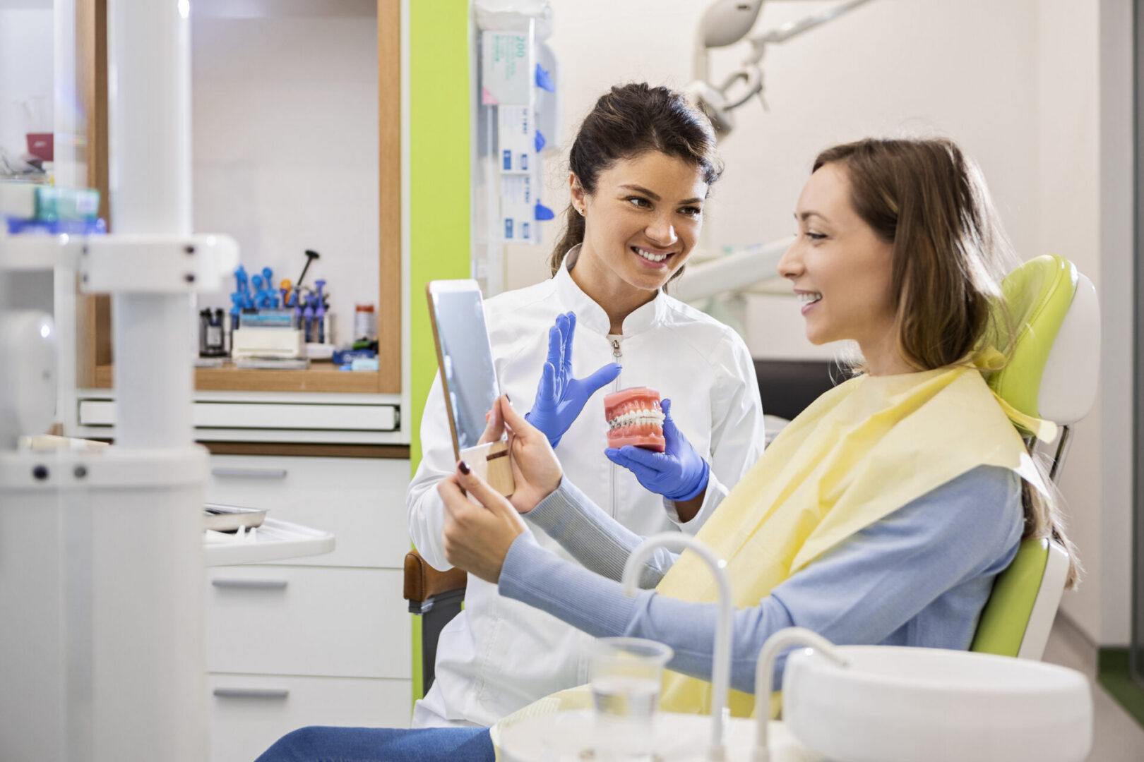 Patient and dentist discussing oral care