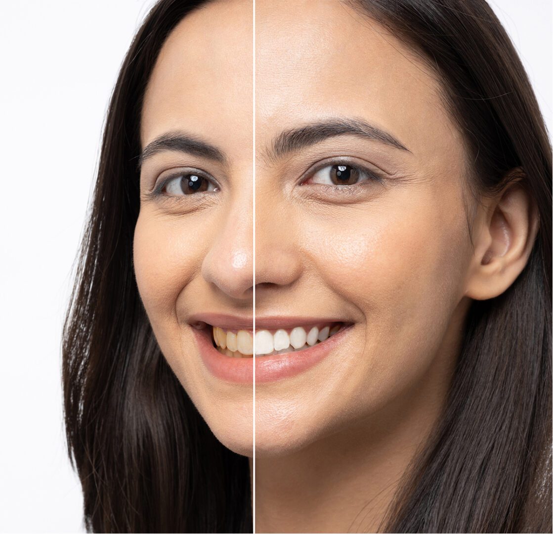 Smiling woman split-view transformation